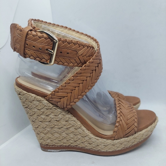 Stuart Weitzman Elixir Braided Leather Wedge Sandals Tan Brown Womens Size 8.5M - Picture 2 of 14